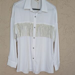 Savanna Jane White US M Button-Down Shirt with Fringe and Silver-Tone Buttons